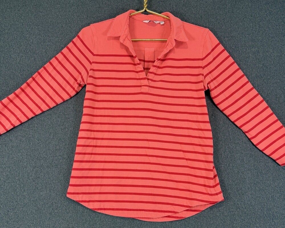 Vineyard Vines Savannah Popover Womens S Coral Red Striped Long Sleeve Polo Top